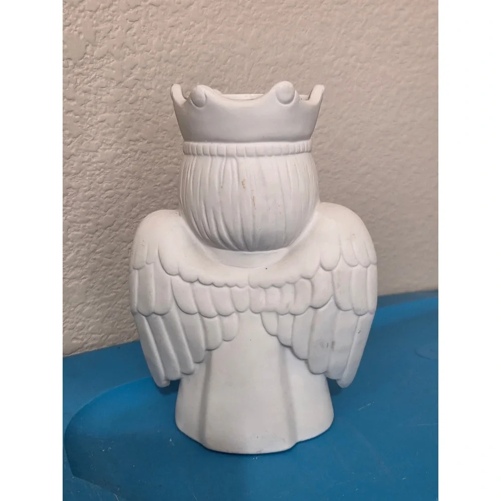 Vintage White Bisque Ceramic Angel Figurine Crown Candle Holder 6 Inch